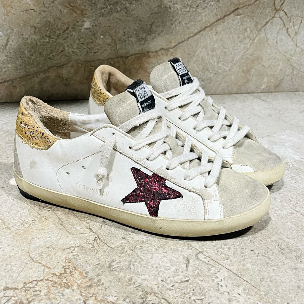 Golden Goose Superstar Gold Red White Leather Suede Sneakers - Picture 2 of 12